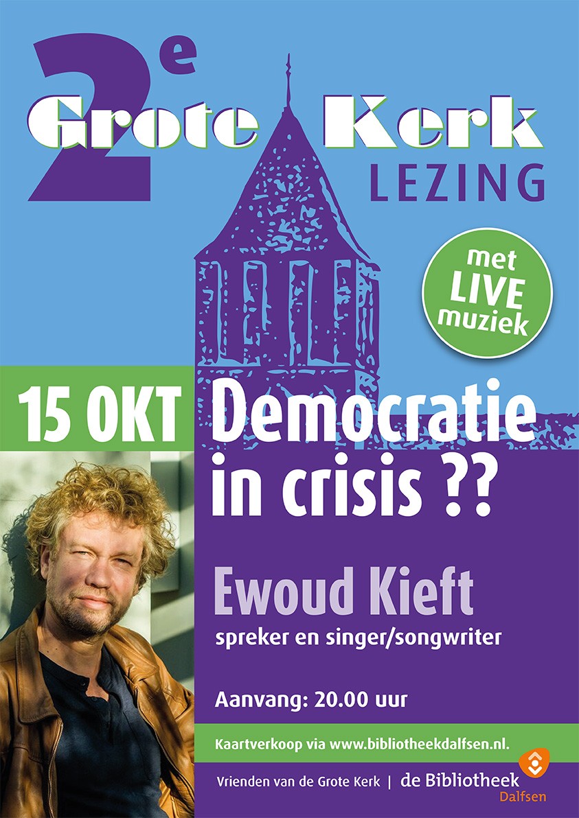 Uitnodiging voor de grote kerklezing met daarop alle praktische informatie en een foto van Ewoud Kieft.